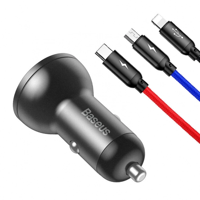 Baseus Biloplader med Skærm og USB 3i1 Kabel 24W