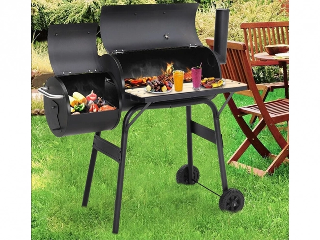 Havegrill til trækul med rygeovn og hjul