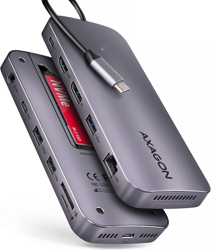 Axagon HMC-12GM2 USB-C hub 12-i-1 med M.2 NVMe/SATA, 10 Gb/s, HDMI/DP 4K 60 Hz, GLAN, SD/microSD, lyd, PD 100 W