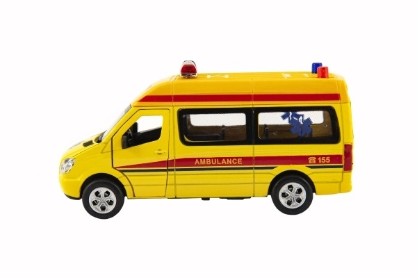 Auto ambulance metal/plast 15cm med batteri, med lys og lyd på tilbagespoling 6stk i boks