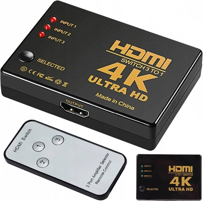 HDMI-switch 3×1 med fjernbetjening, 4K UHD