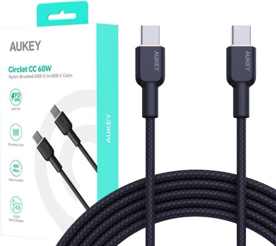 Aukey USB‑C til USB‑C kabel 1 m med nylonflet, 60 W PD, 3 A