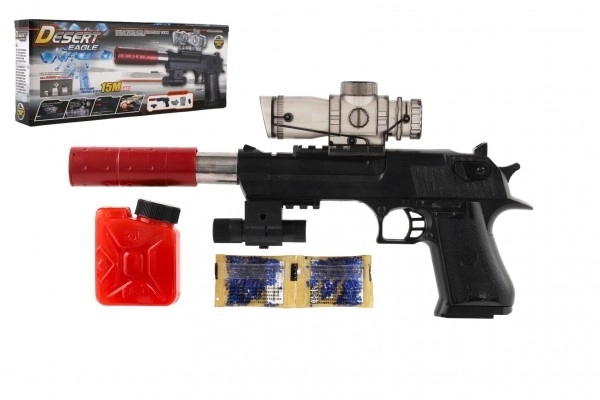 Pistol plast/metal 33cm til vandkugler + patroner 9-11mm på batteri med lys i æsken 34x13x4cm