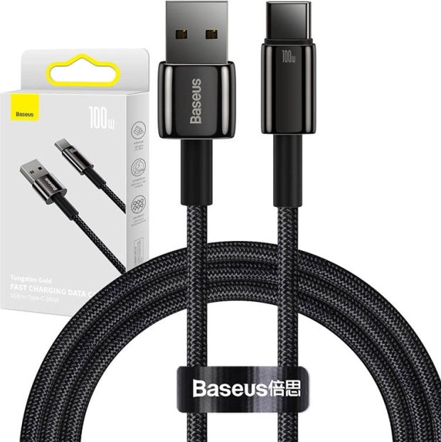 Baseus Tungsten Gold USB-C-kabel til hurtig opladning, 100W, 1m, sort