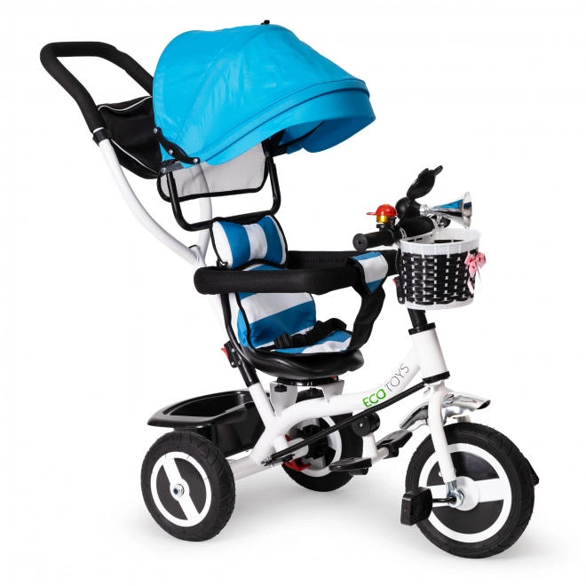 Trehjulet cykel, vogn, drejbar blå baldakin
