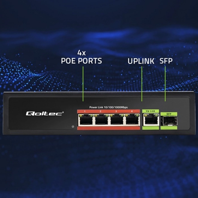 Switch Fast Ethernet PoE med 4x RJ45 PoE, 1x RJ45 Uplink og 1x SFP