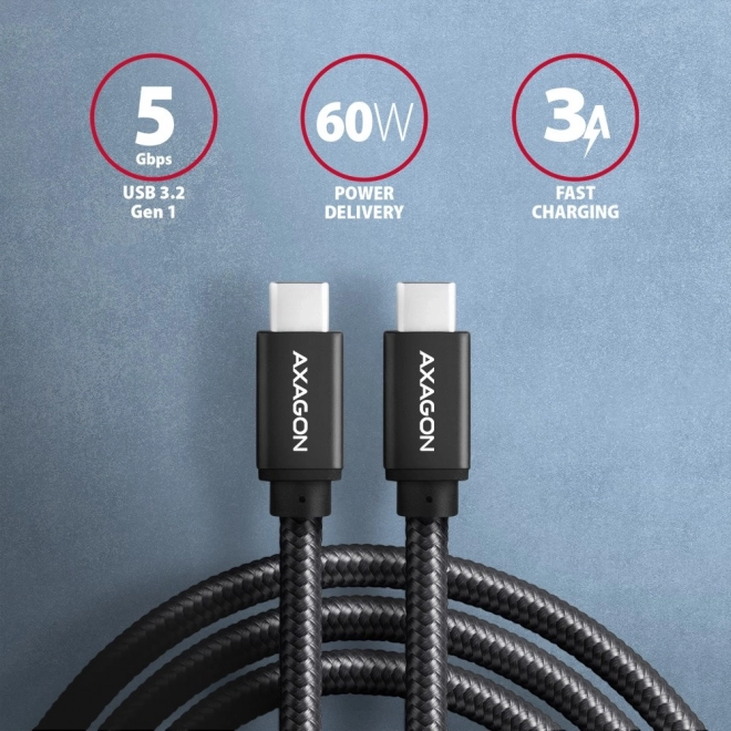 USB-C til USB-C kabel 3m, Power Delivery 60W, fleksibel flet