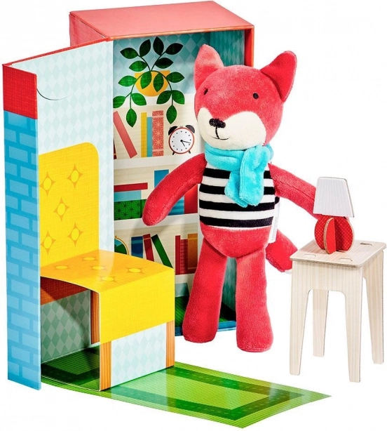 Petit Collage plysbamse ræv i biblioteket