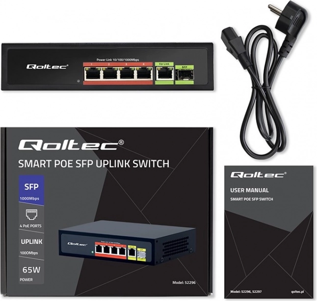 Switch Fast Ethernet PoE med 4x RJ45 PoE, 1x RJ45 Uplink og 1x SFP