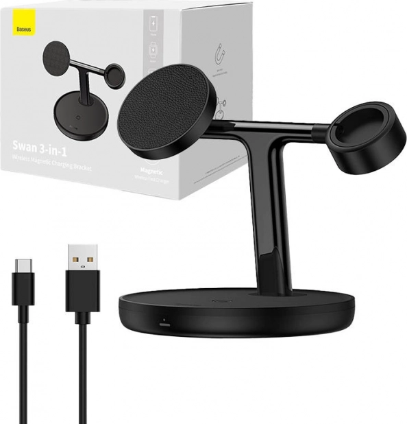 magnetisk trådløs ladestander BASEUS Swan 3-i-1, 15 W MagSafe, sort