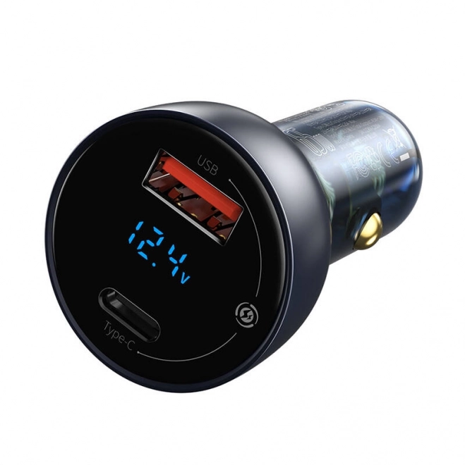 Baseus dobbelt biloplader med digital display, USB og USB-C, hurtig opladning 65W