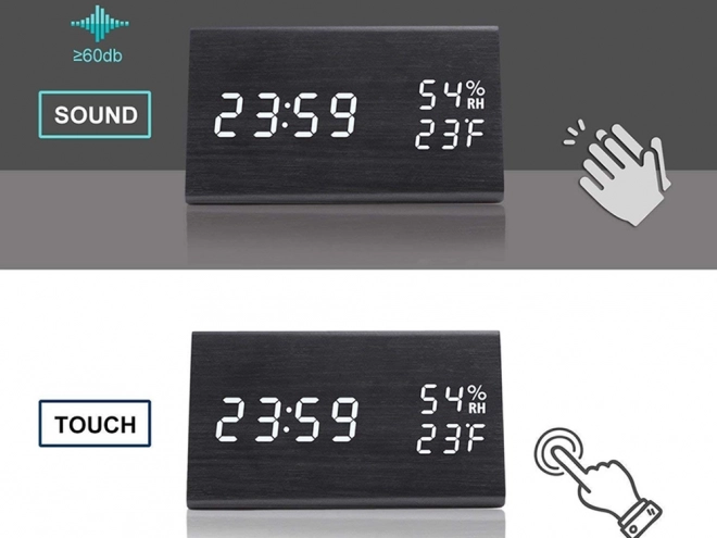 Multifunktionelt elektronisk vækkeur med termometer og hygrometer