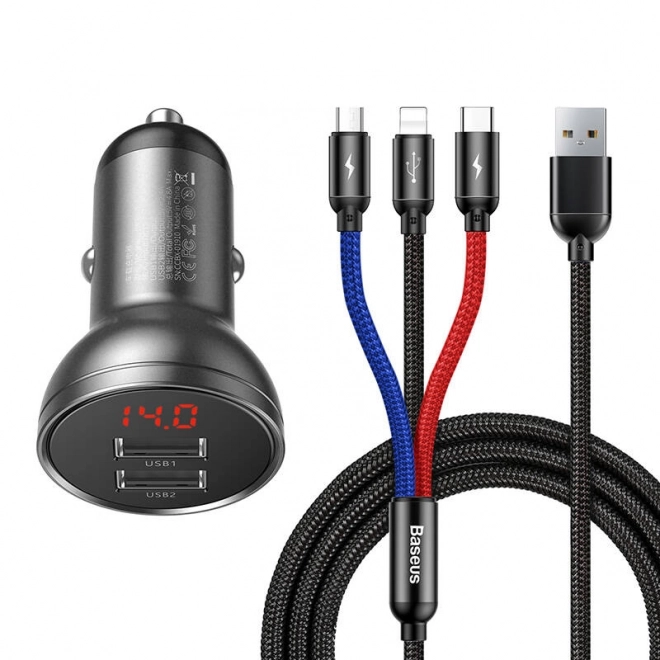 Baseus Biloplader med Skærm og USB 3i1 Kabel 24W