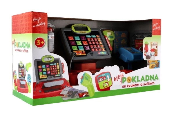 Stor digital plastik-kasseapparat med lyd og lys i kasse 48x25x18cm