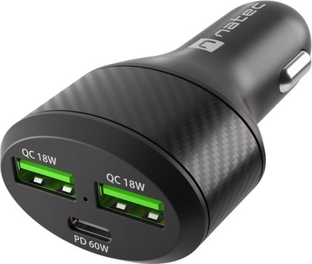 Biloplader NATEC Coney 2× USB og 1× USB‑C med hurtigopladning 84 W