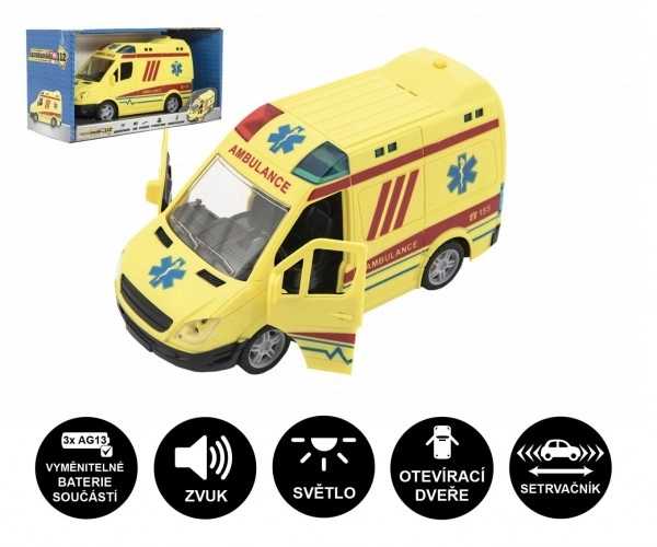 Auto ambulance plast 20cm med inertimotor på batterier med lyd og lys i en boks 26x15x12cm
