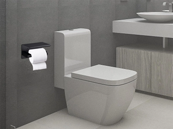 Stål toiletpapirholder med hylde til telefon sort
