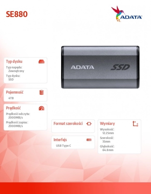 Ekstern SSD-drev ADATA SE880 4TB USB 3.2 Gen2x2