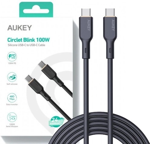 Aukey USB‑C-kabel 1 m, silikone, 100 W Power Delivery, 5 A, sort