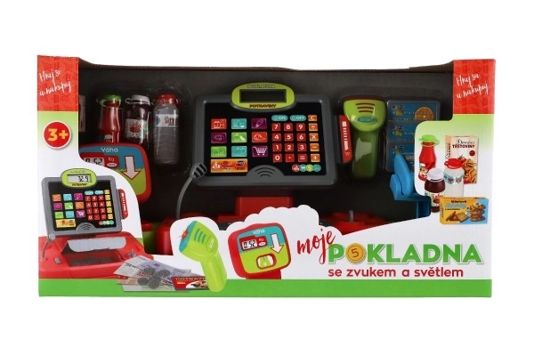 Stor digital plastik-kasseapparat med lyd og lys i kasse 48x25x18cm