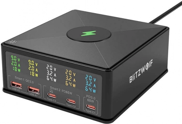 Opladningsstation BLITZWOLF 160 W, 3× USB‑C, 2× USB‑A med trådløs opladning