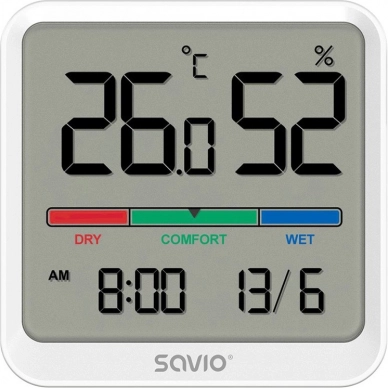 Digitalt termometer og hygrometer SAVIO med LCD, ur og dato, magnetisk holder – Hvid