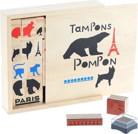 Træstempler POMPON TOYS – kreativt sæt 23 stk med blæk