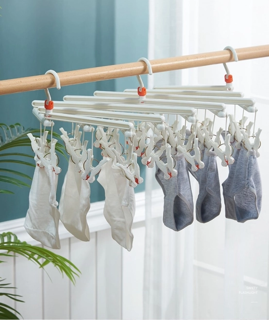 Plastisk foldbar tøjklemme med klips - 19 klips - hvid