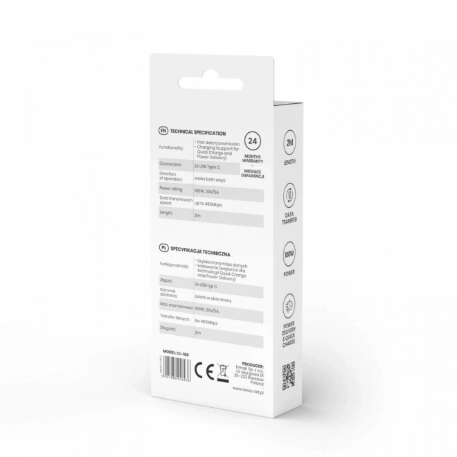 USB-C-kabel Savio 5A 2m