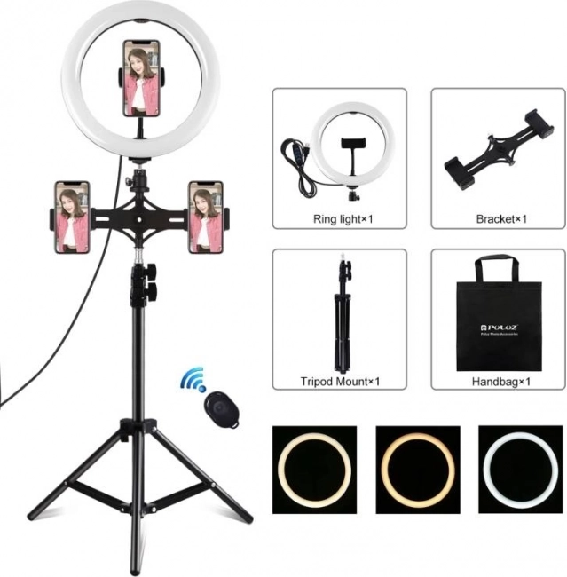 Puluz cirkulært LED-lys med stativ 26 cm til vlogging, højde 1,1 m