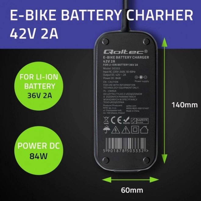 Lader til elcykel og scooter 36V, 42V, 2A, vandtæt