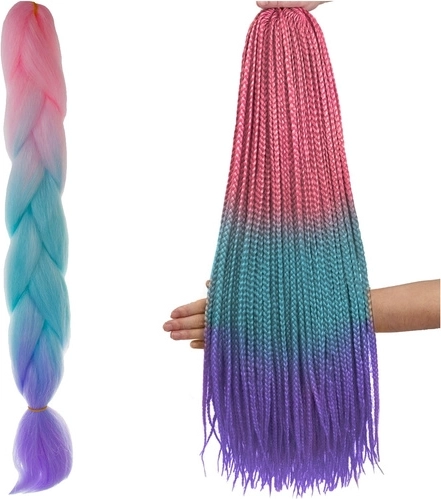 Syntetiske ombré fletninger pink/turkis/lilla, 60 cm