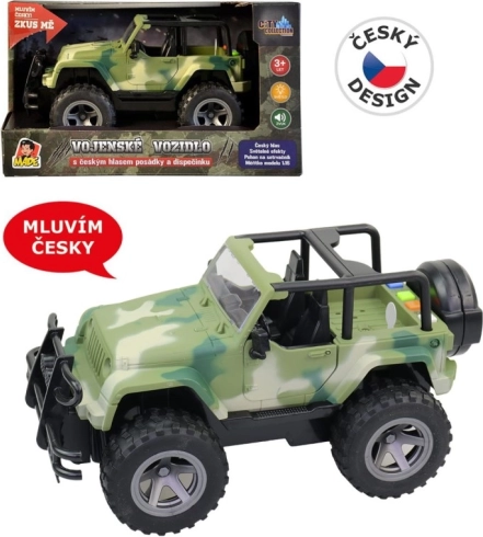 Militær jeep med friktionsdrev med lys og tjekkiske besætningslyde 1:16