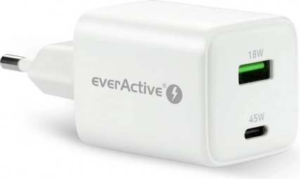 Vægoplader GaN med USB‑C 45 W PD og USB‑A QC4+ hvid