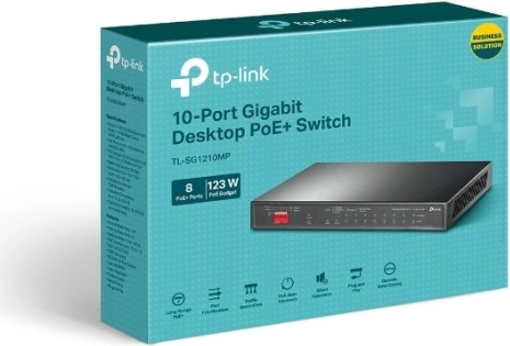 8× PoE+ med samlet budget på 123 W
