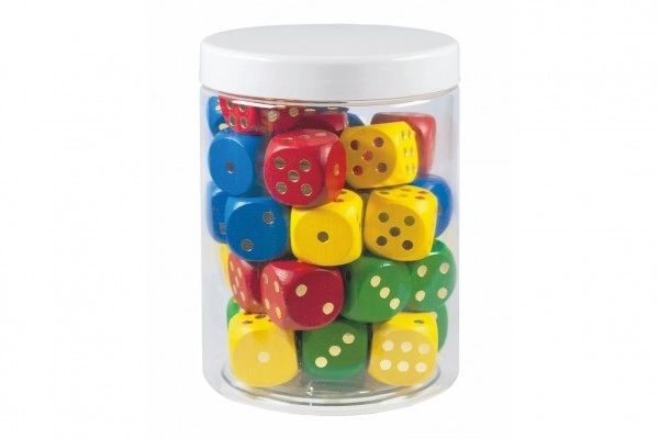 Spilleterninger farvet træ selskabsspil 25mm 34 stk i plastikdåse 10x14cm 12m+