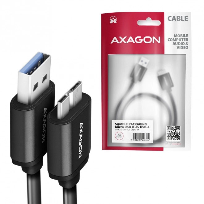 Kabel AXAGON Micro-B USB til USB-A 3.2 Gen 1, 1m, 3A, ALU, PVC, sort