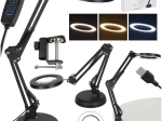 Bord-LED-lampe med lup og justerbar arm, 2 monteringsmuligheder