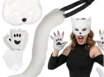 Ruhhy katte-/ræve-/ulvekostume (maske, hale, poter) hvid - 1 stk.