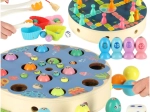 Træ-Montessori-spil: fisk og larver – magnetisk fiskeri og farvesortering
