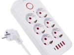 Forlænger overspændingsliste med 6 stik og 5× USB (4× USB‑A, 1× USB‑C), 2500 W, hvid