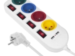 Forlængerledning med afbrydere, 4 stikkontakter og 2× USB