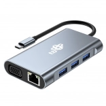 USB‑C hub 8‑i‑1 med HDMI, VGA, RJ45 og PD‑strømforsyning