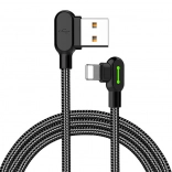 Vinklet USB-Lightning kabel med LED, 1,8 m, sort