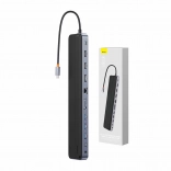 USB‑C hub 12-i-1 BASEUS EliteJoy Gen2 med 2× HDMI, DP, 3× USB 3.0, PD 100 W, RJ45 og SD/TF-kortlæser (mørkegrå)