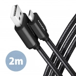 Kabel AXAGON MicroUSB - USB A 2 m, ALU-flettet, sort