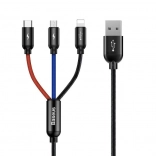 Baseus kabel 3-i-1 USB-C / Lightning / Micro USB, 3,5 A, 0,3 m, sort