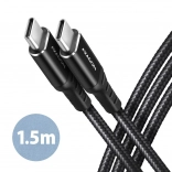 USB‑C-kabel 1,5 m med PD 60 W og hurtig opladning 3 A, flettet, aluminiumstik